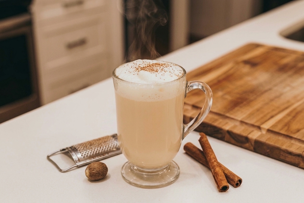 A steaming Tom and Jerry drink in a white mug topped with frothy foam and freshly grated nutmeg on a cozy kitchen counter