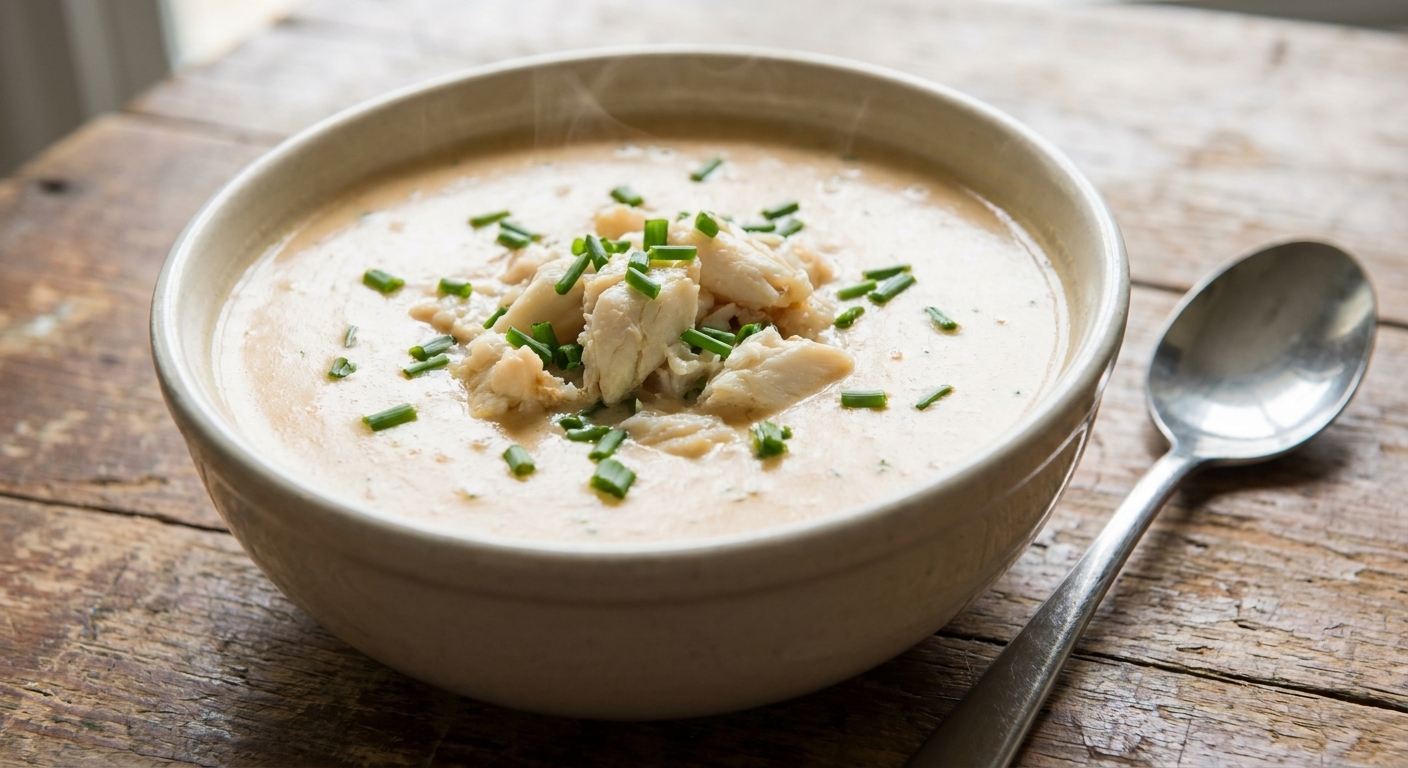 A steaming bowl of Charleston she-crab soup with a creamy pale-orange color, topped with lump crab and chopped chives, photographed on a wooden table with a spoon nearby