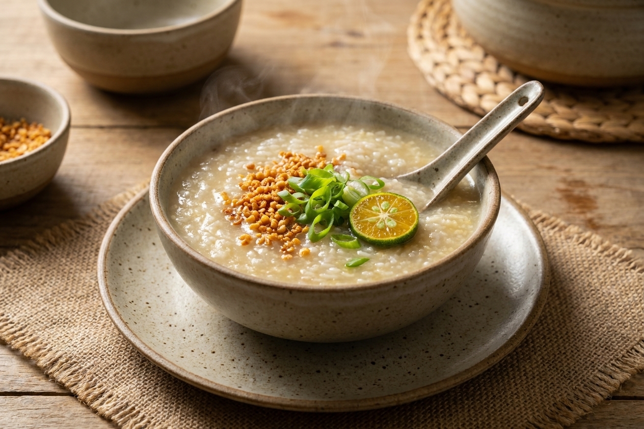 A steaming bowl of Filipino arroz caldo topped with toasted garlic, sliced scallions, and a wedge of calamansi on a simple stoneware table setting