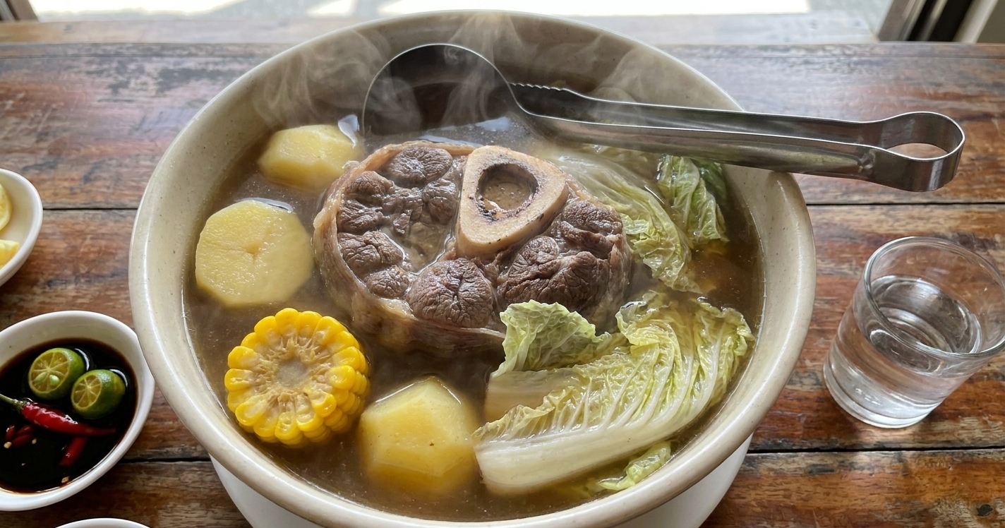 A steaming bowl of Filipino bulalo with beef shank, visible bone marrow, corn on the cob rounds, potatoes, and cabbage in a clear broth on a wooden table
