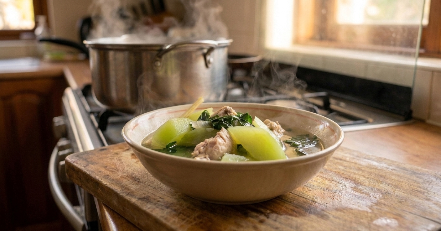 A steaming bowl of Filipino chicken tinola with chicken pieces, green papaya chunks, and leafy greens in a clear ginger broth on a simple wooden table setting