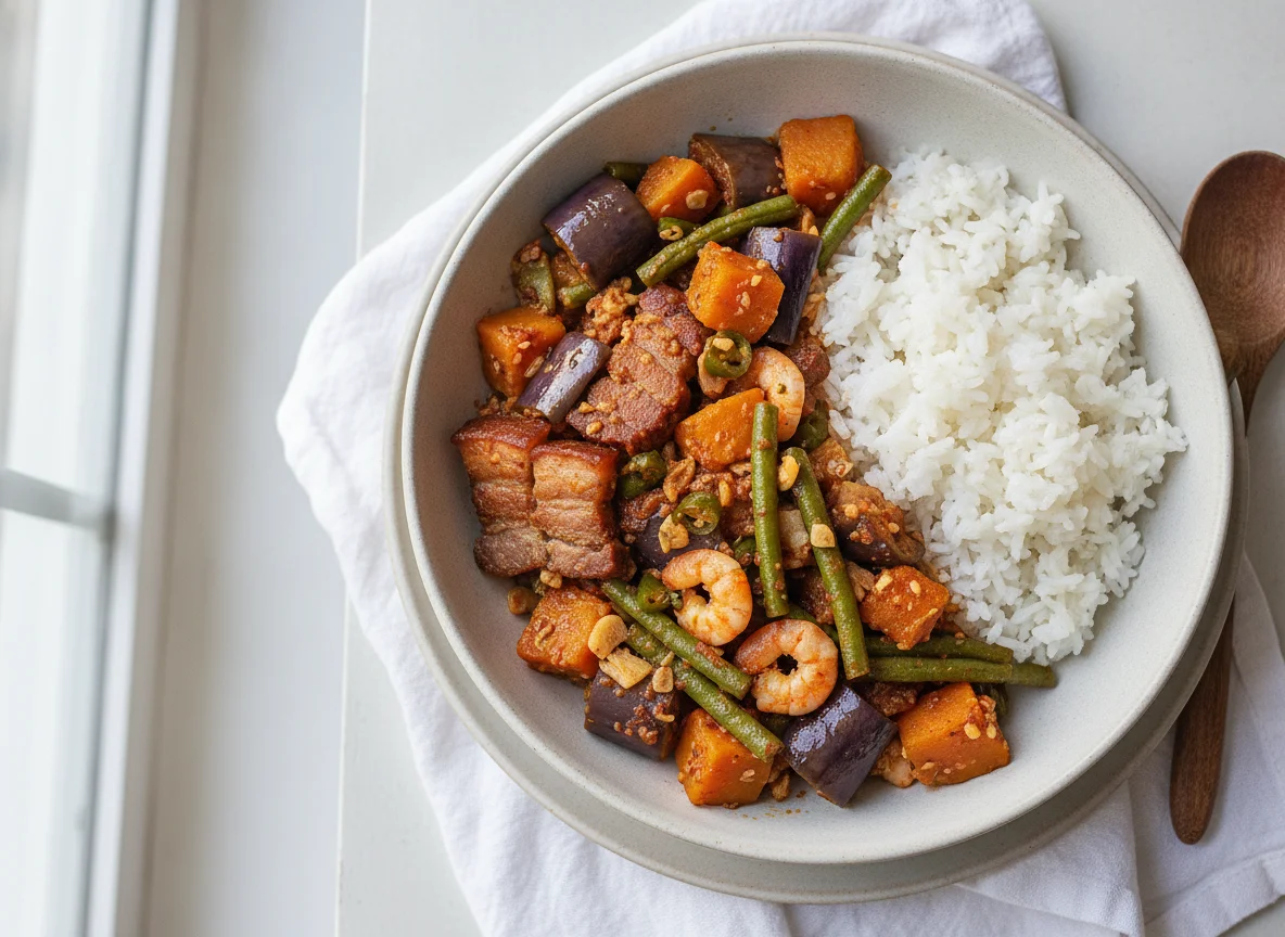 A steaming bowl of Filipino pinakbet with squash, eggplant, okra, and long beans in a glossy savory sauce, served with white rice on a warm-toned wooden table