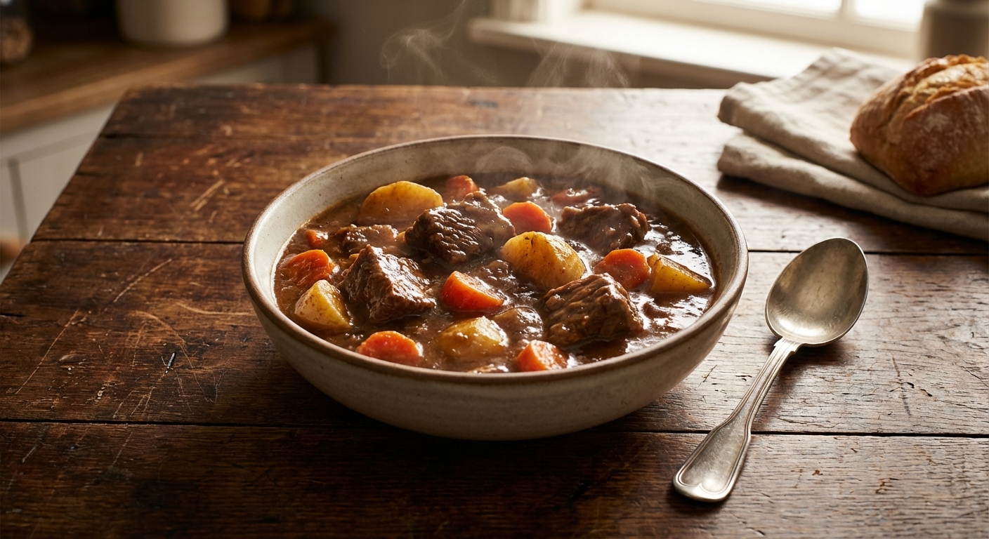 A steaming bowl of Guinness beef stew with large chunks of tender beef, carrots, and potatoes in a rich dark gravy, set on a rustic wooden table with a spoon beside it, warm natural light, photorealistic food photography