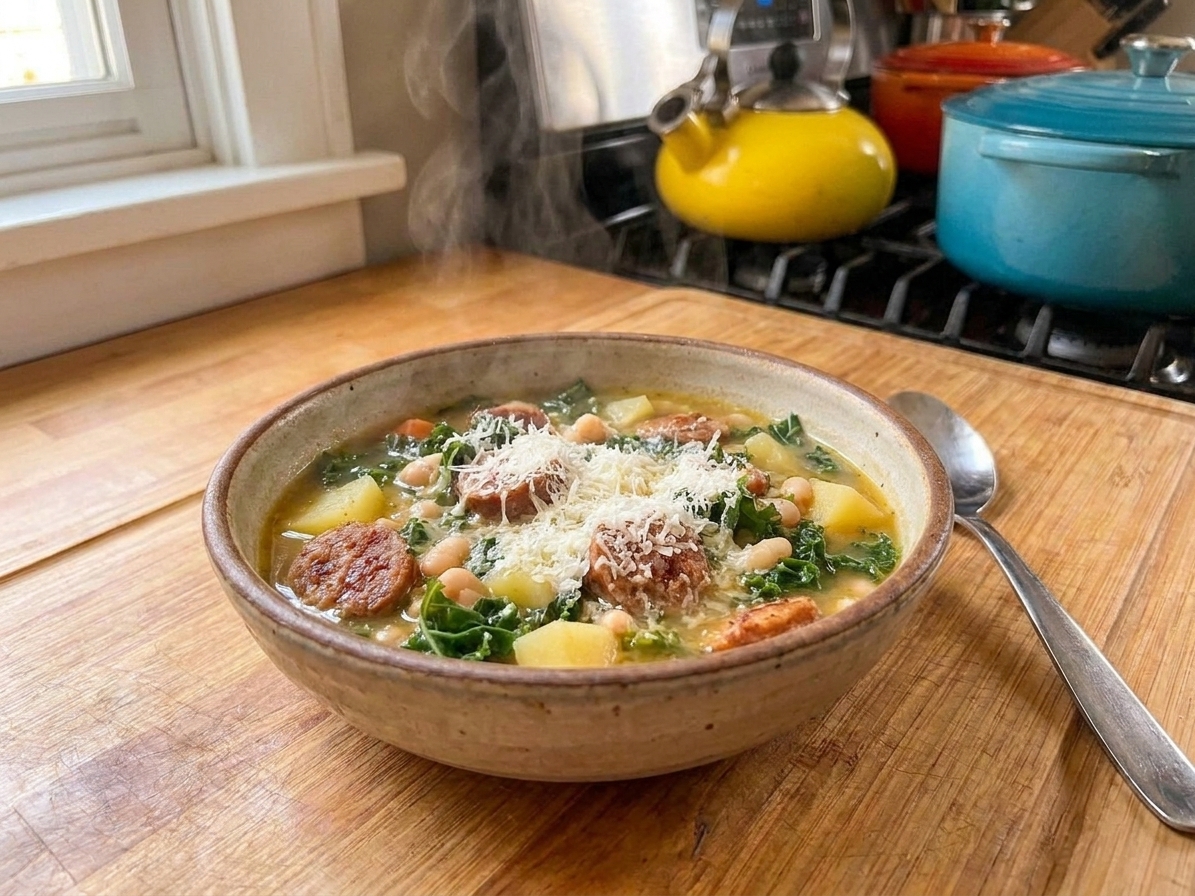A steaming bowl of Italian sausage soup with kale, cannellini beans, and a shower of grated Parmesan on a rustic wooden table with a spoon beside it