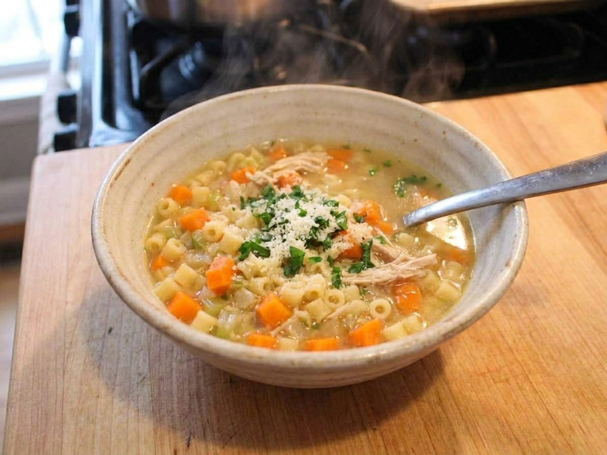A steaming bowl of Italian-style chicken soup with small pasta, shredded chicken, carrots, celery, and a sprinkle of Parmesan on top, sitting on a rustic wooden table with a spoon