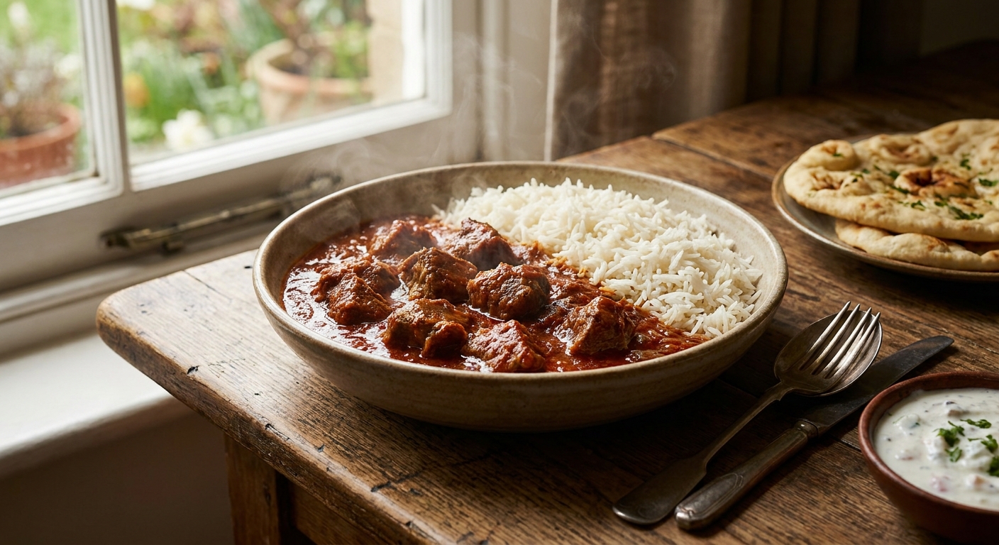 A steaming bowl of Kashmiri-inspired lamb rogan josh with a rich red gravy and tender lamb pieces, served with basmati rice on a wooden table in natural window light