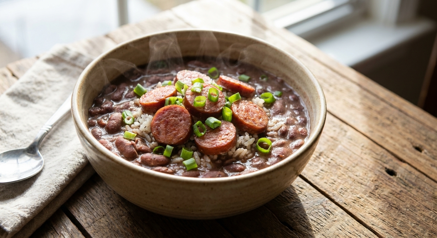 A steaming bowl of Louisiana style red beans and rice topped with sliced smoked sausage and chopped green onions on a wooden table, natural light, real food photography