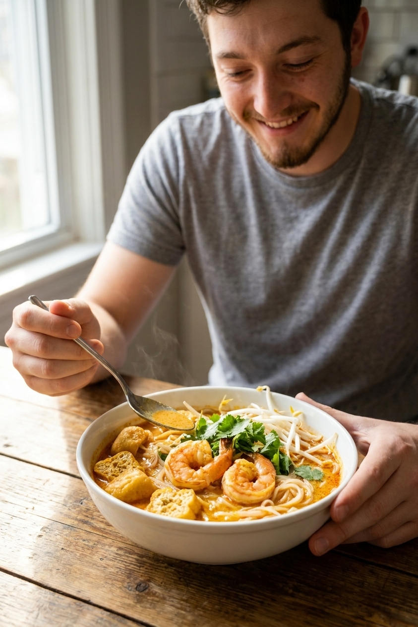A steaming bowl of Malaysian laksa with coconut curry broth, rice noodles, shrimp, tofu puffs, bean sprouts, and cilantro on a wooden table, natural light food photography