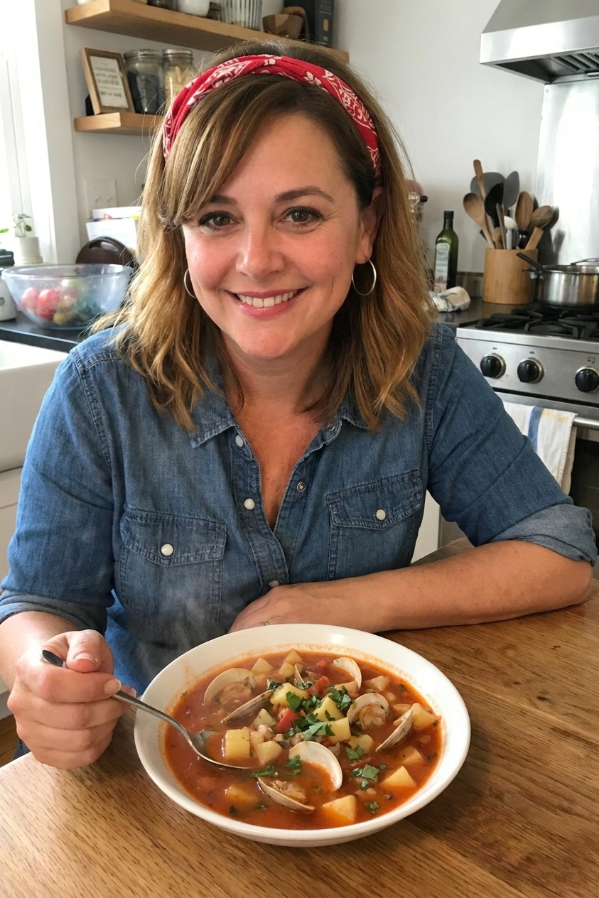 A steaming bowl of Manhattan clam chowder with a red tomato broth, tender clams, diced potatoes, celery, and fresh herbs on top, photographed on a cozy kitchen table