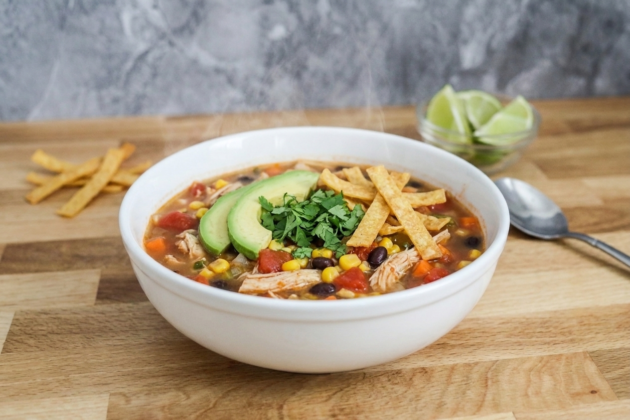 A steaming bowl of Mexican chicken soup with shredded chicken, diced tomatoes, corn, and black beans, topped with avocado, cilantro, and tortilla strips on a warm kitchen table
