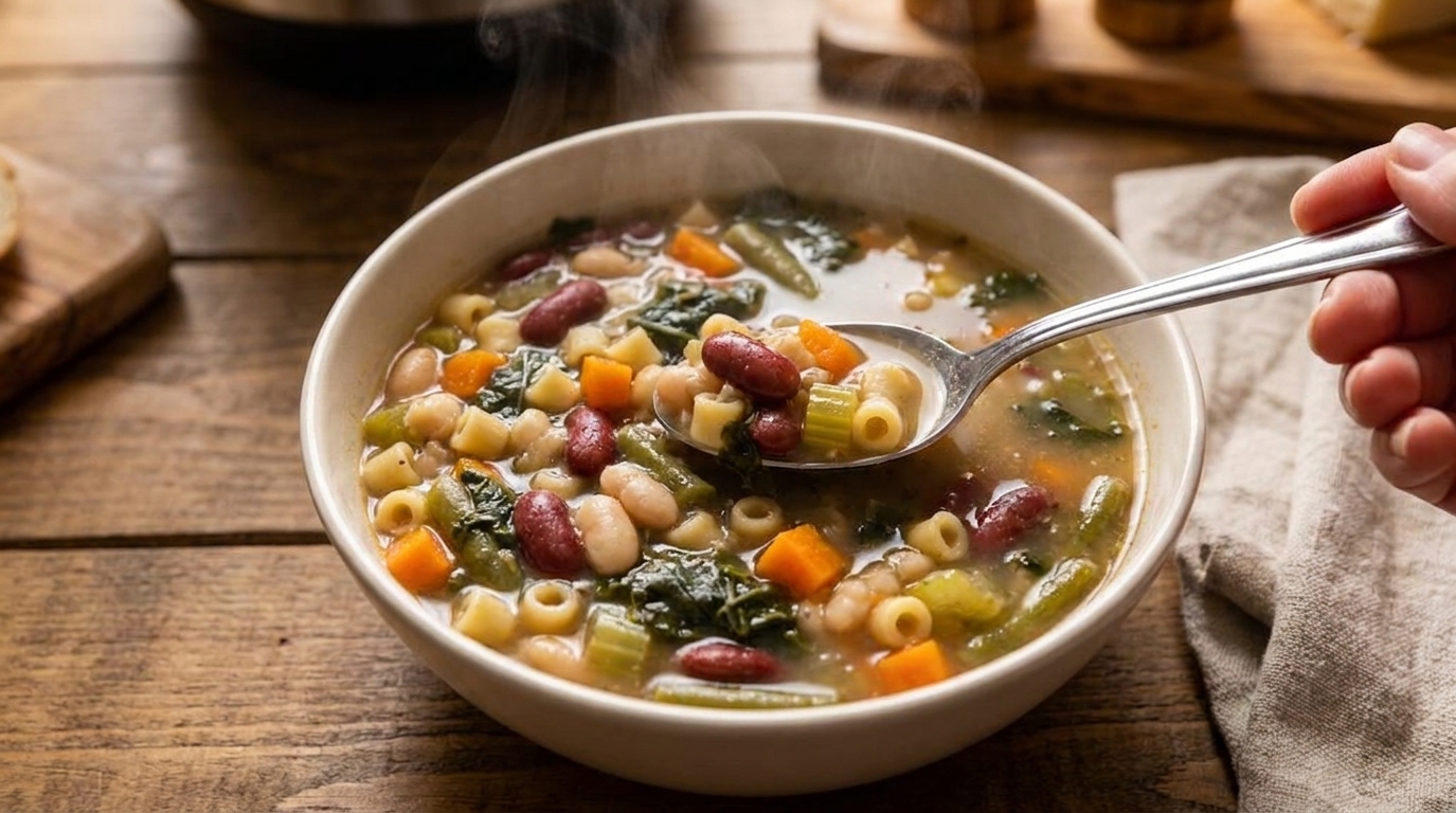 A steaming bowl of Olive Garden-style minestrone soup with visible beans, small pasta, diced vegetables, and leafy greens on a rustic kitchen table with a spoon