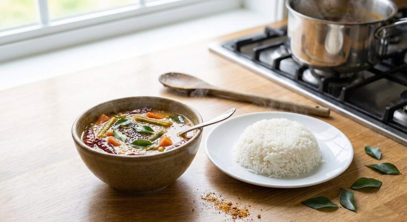 A steaming bowl of South Indian sambar with visible vegetables and curry leaves, served beside fluffy white rice on a simple wooden table