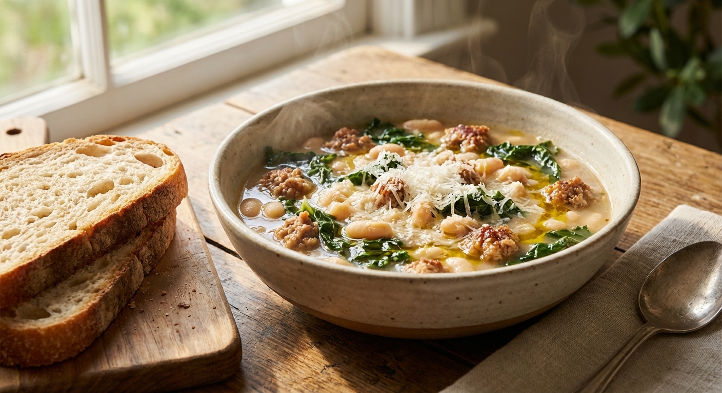 A steaming bowl of Tuscan white bean soup with crumbled Italian sausage and ribbons of kale, topped with freshly grated Parmesan and a drizzle of olive oil, with crusty bread on a wooden table in warm natural window light, photorealistic food photography