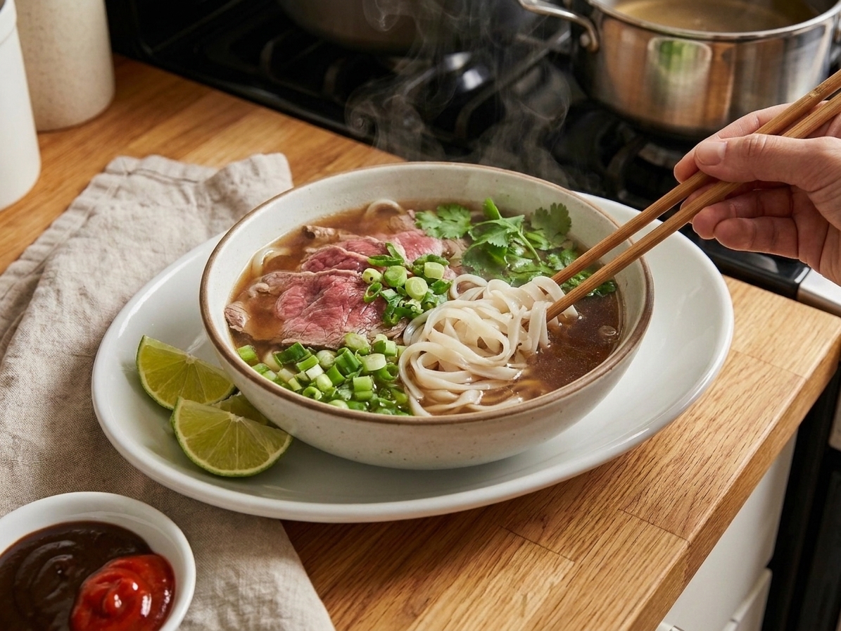 A steaming bowl of Vietnamese beef pho with rice noodles, thin slices of beef, bright green scallions, cilantro, and lime wedges on a neutral kitchen table