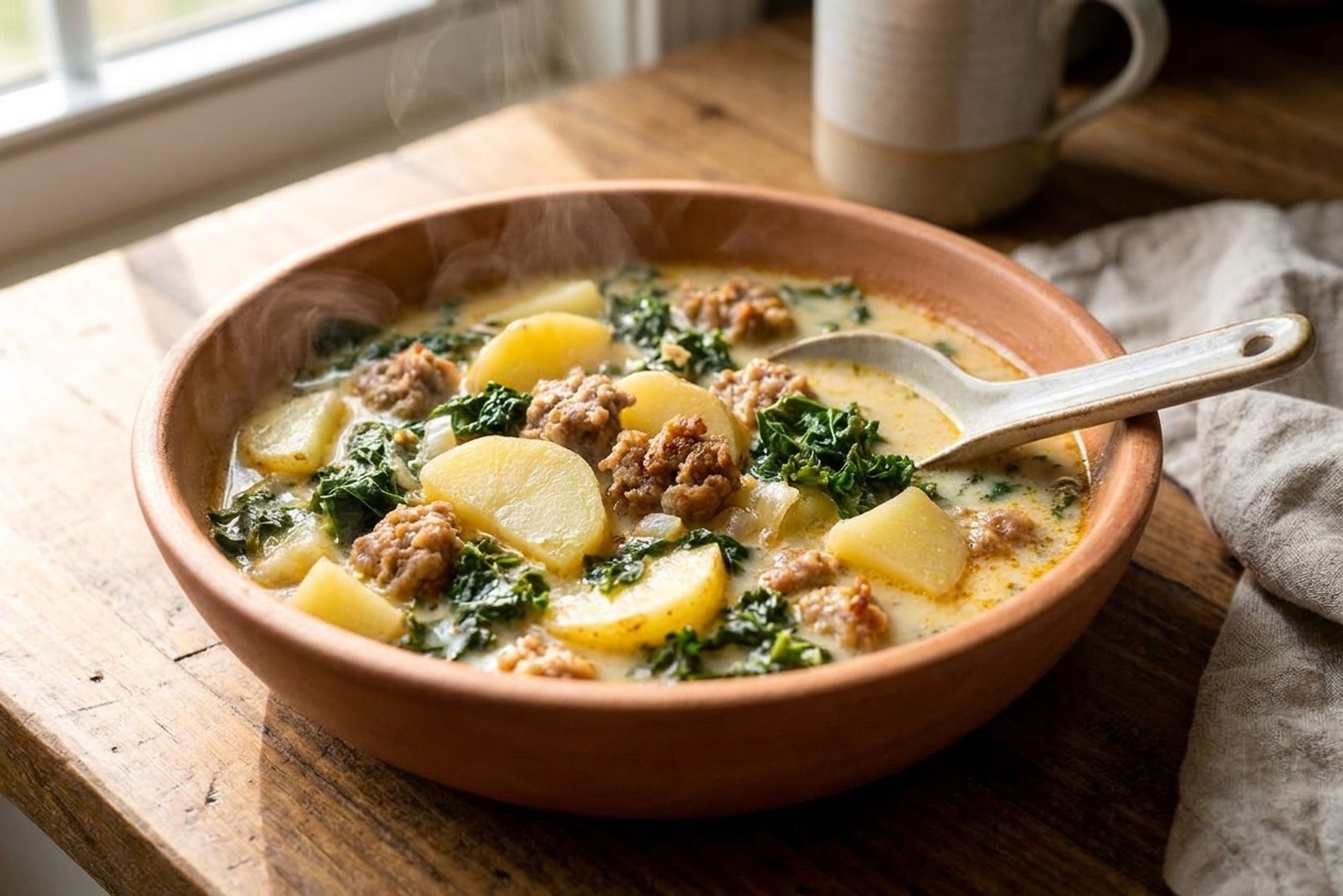 A steaming bowl of Zuppa Toscana with sliced potatoes, crumbled Italian sausage, and chopped kale in a creamy broth on a rustic wooden table