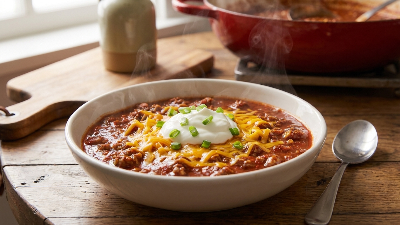 A steaming bowl of beef and bean chili topped with shredded cheddar, sour cream, and sliced green onions on a wooden table with a spoon nearby