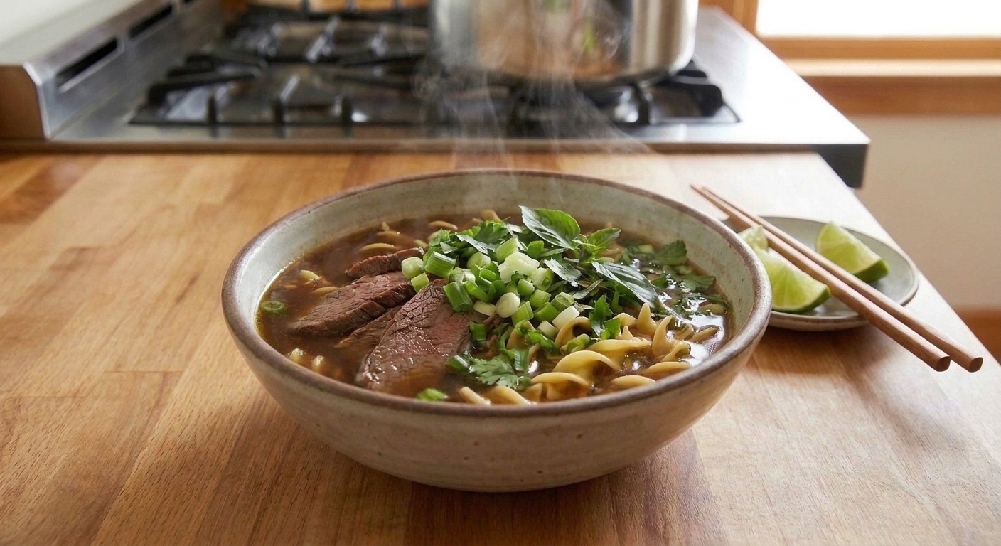 A steaming bowl of beef noodle soup with sliced beef, noodles, scallions, and fresh herbs on a wooden table with chopsticks nearby