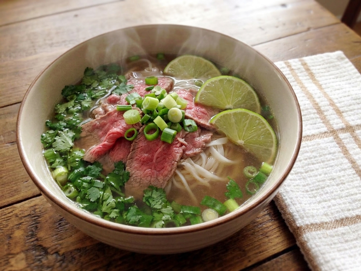 A steaming bowl of beef pho with rice noodles, thin slices of beef, cilantro, scallions, and lime wedges on a wooden table in warm natural light