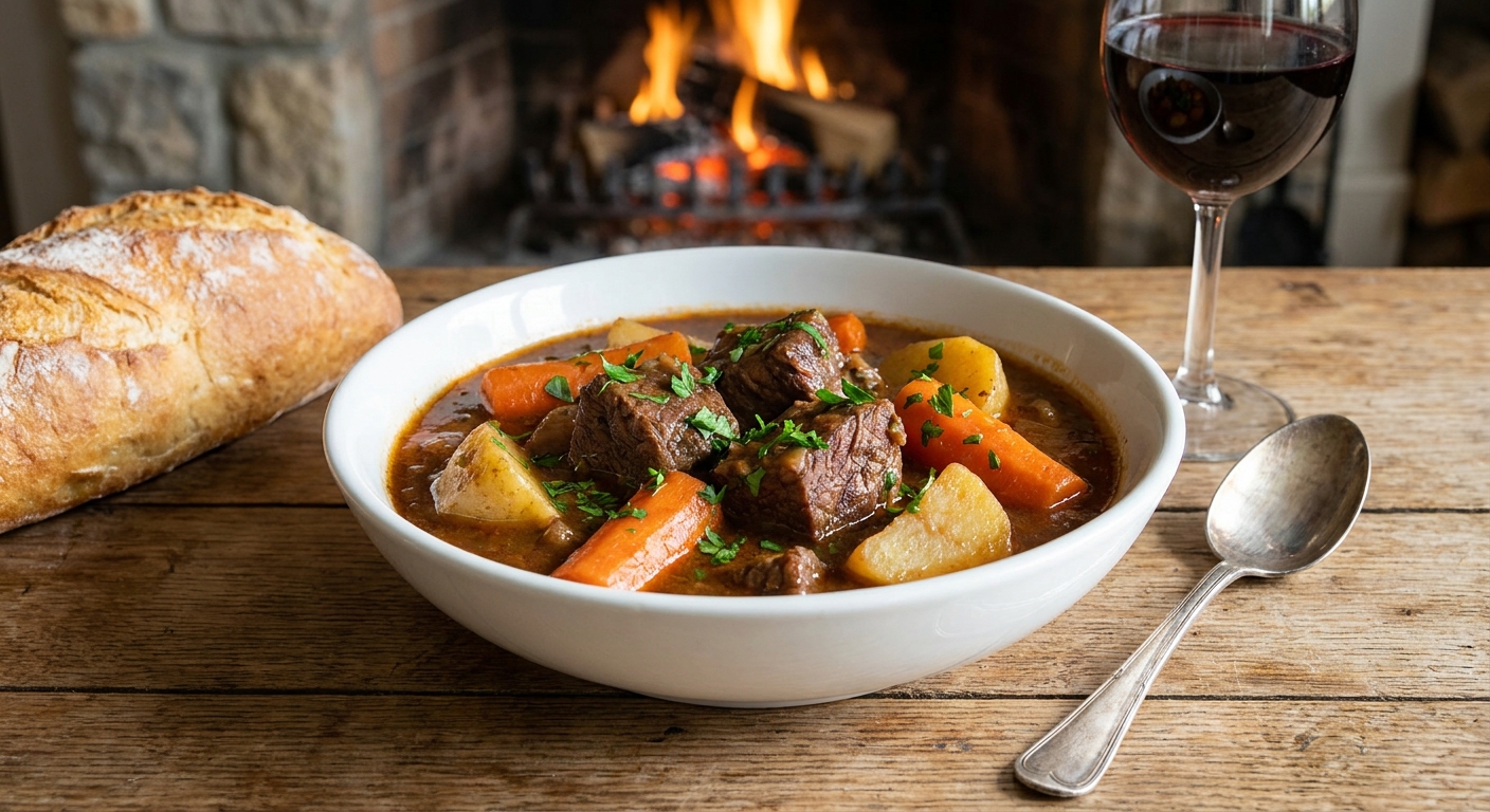A steaming bowl of beef stew with tender beef chunks, carrots, and potatoes, garnished with chopped parsley, sitting on a wooden table with a spoon beside it, rustic dinner scene