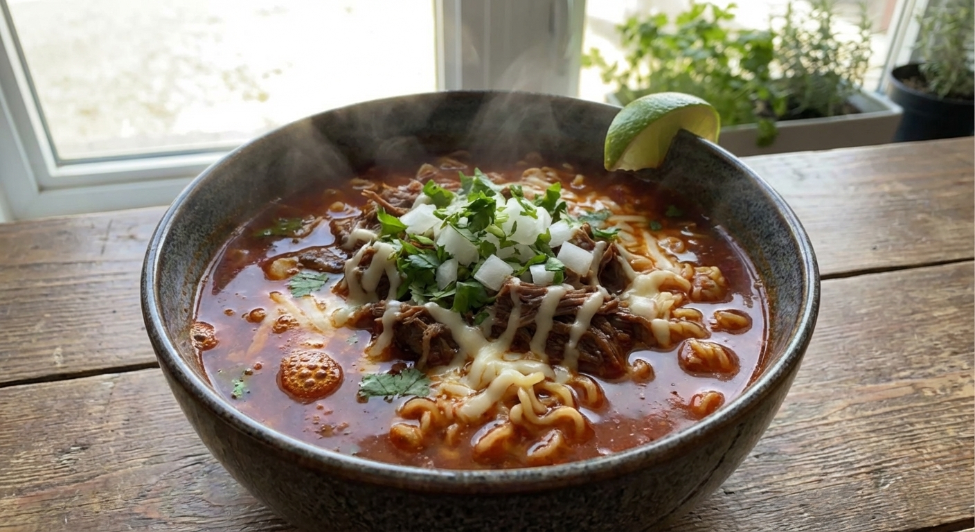 A steaming bowl of birria ramen with deep red consomé broth, curly ramen noodles, shredded beef, melted mozzarella, chopped cilantro and white onion, and a lime wedge on the rim, natural window light, real food photography