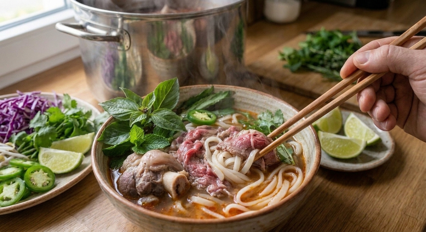 A steaming bowl of bún bò Huế with red-tinged lemongrass broth, thick rice noodles, sliced beef, pork, and fresh herbs on a wooden table with chopsticks and lime wedges