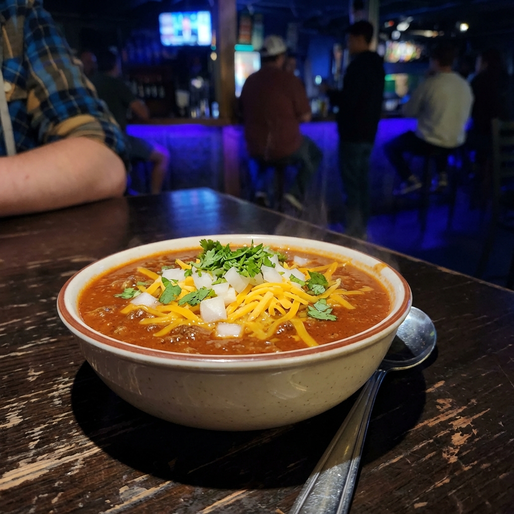 A steaming bowl of brick red beef chili topped with shredded cheddar, diced onion, and cilantro on a wooden table with a spoon beside it
