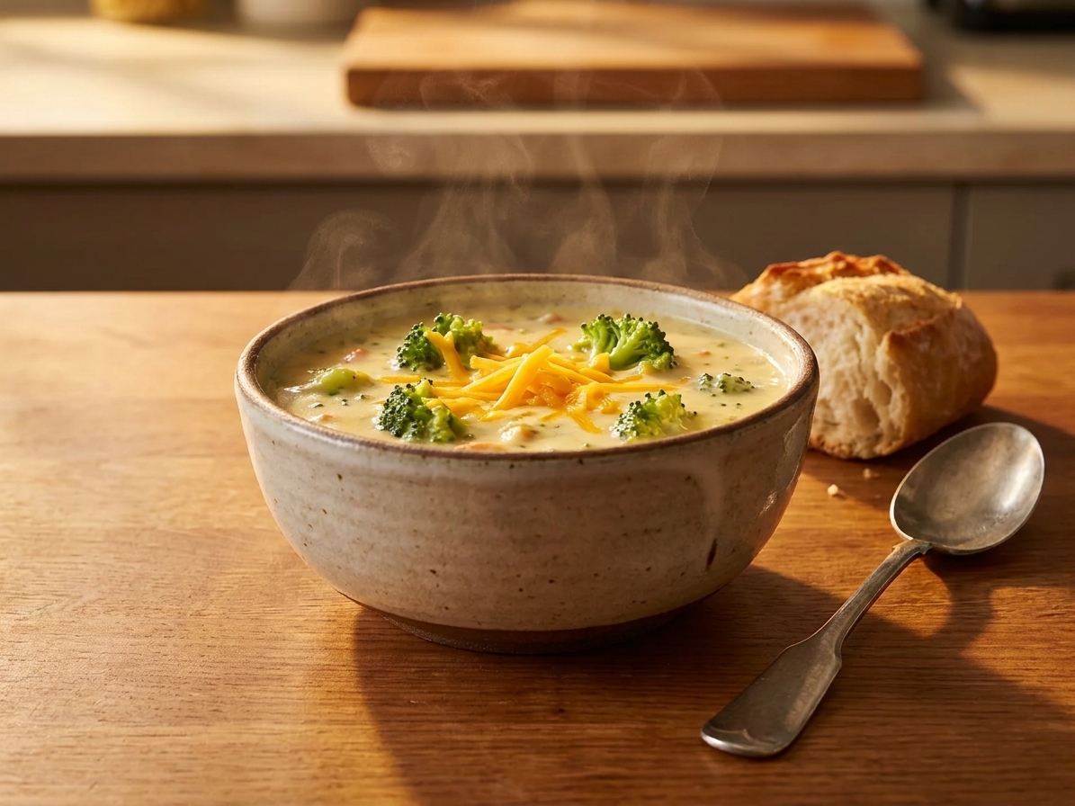 A steaming bowl of broccoli cheddar soup with visible broccoli florets and shredded cheddar on top, set on a wooden table with crusty bread and a spoon in warm kitchen light