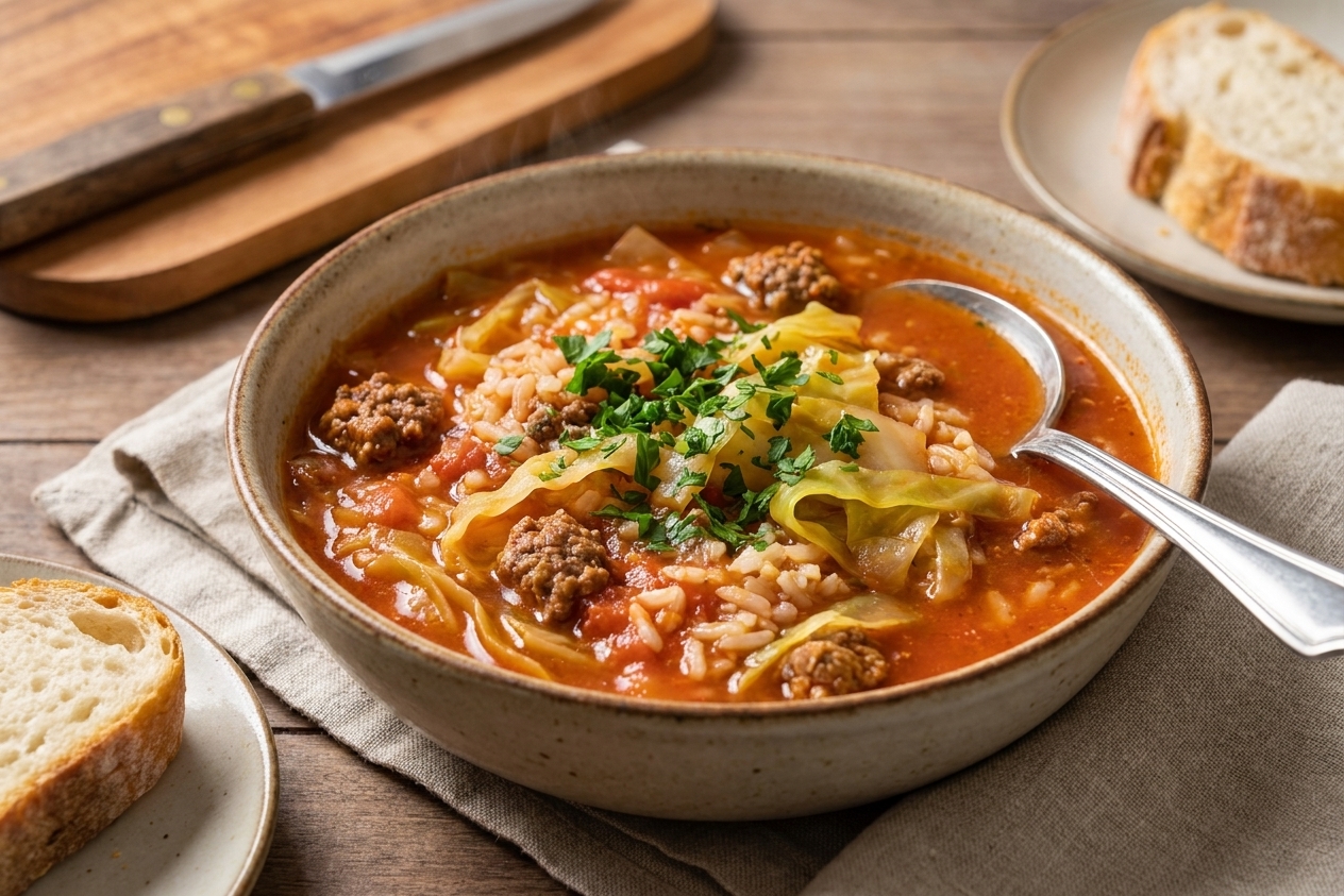 A steaming bowl of cabbage roll soup with tender cabbage ribbons, ground beef, rice, and tomato broth, garnished with fresh parsley on a wooden table