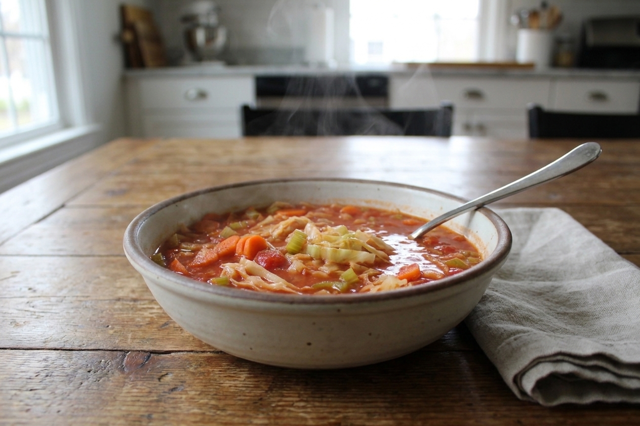 A steaming bowl of cabbage soup on a dinner table with a spoon and a folded napkin