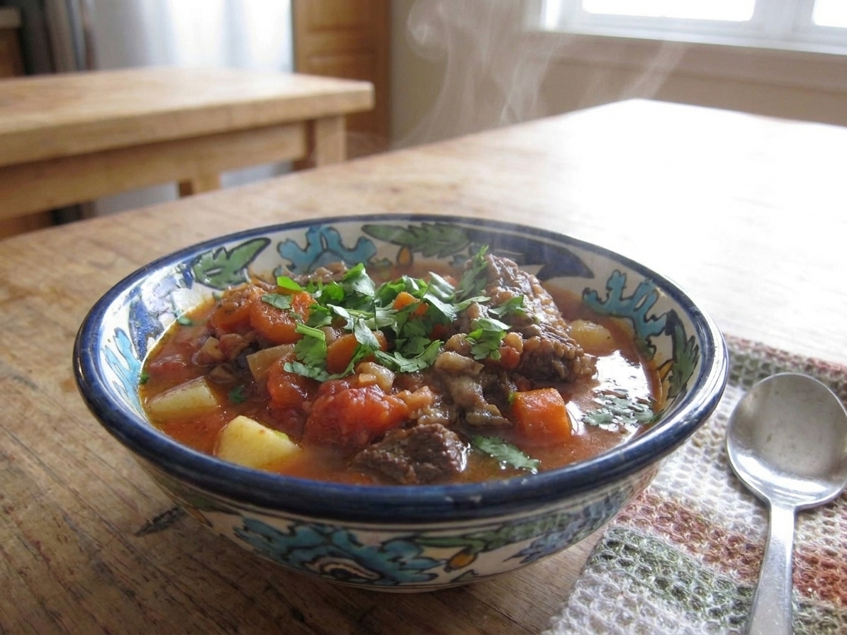 A steaming bowl of camel soup with a tomato-red broth, tender chunks of meat, potatoes, and chopped cilantro on top, set on a simple wooden table with a spoon