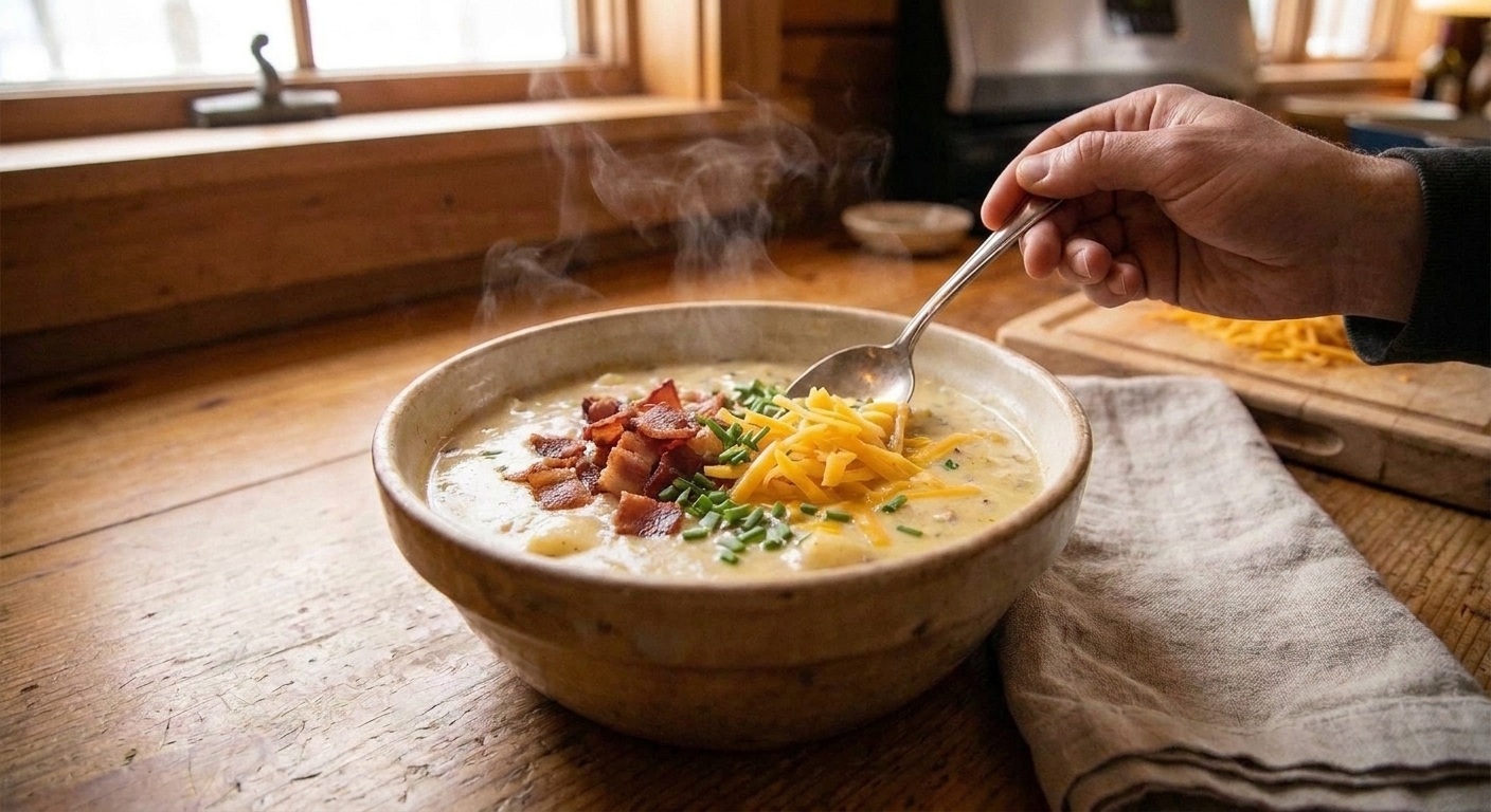 A steaming bowl of cheesy potato soup topped with shredded cheddar, crispy bacon bits, and sliced chives on a rustic wooden table with a spoon beside it, warm kitchen lighting