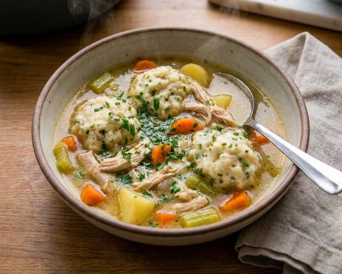 A steaming bowl of chicken and dumpling soup with fluffy dumplings on top, shredded chicken, carrots, celery, and fresh parsley in a creamy broth on a rustic wooden table