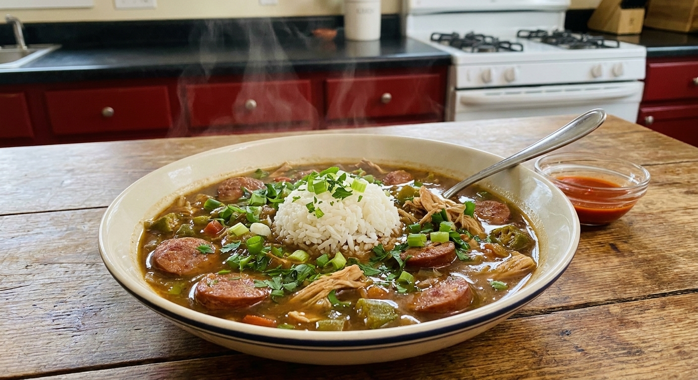 A steaming bowl of chicken and sausage gumbo with a glossy dark broth, sliced andouille, and white rice in the center, served on a wooden table with a spoon and a small dish of hot sauce