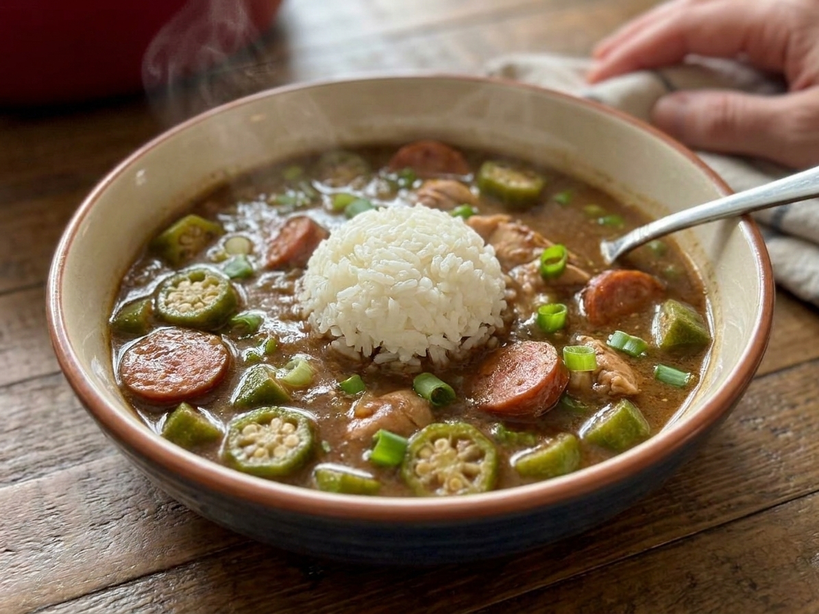 A steaming bowl of chicken and sausage gumbo with okra and a scoop of white rice in a shallow ceramic bowl on a wooden table, warm kitchen lighting