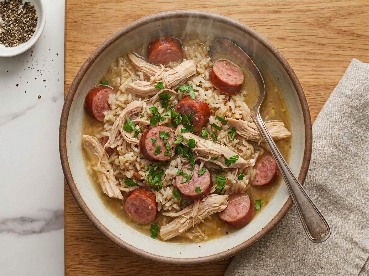 A steaming bowl of chicken bog with shredded chicken, sliced smoked sausage, and fluffy rice, garnished with chopped parsley on a wooden table