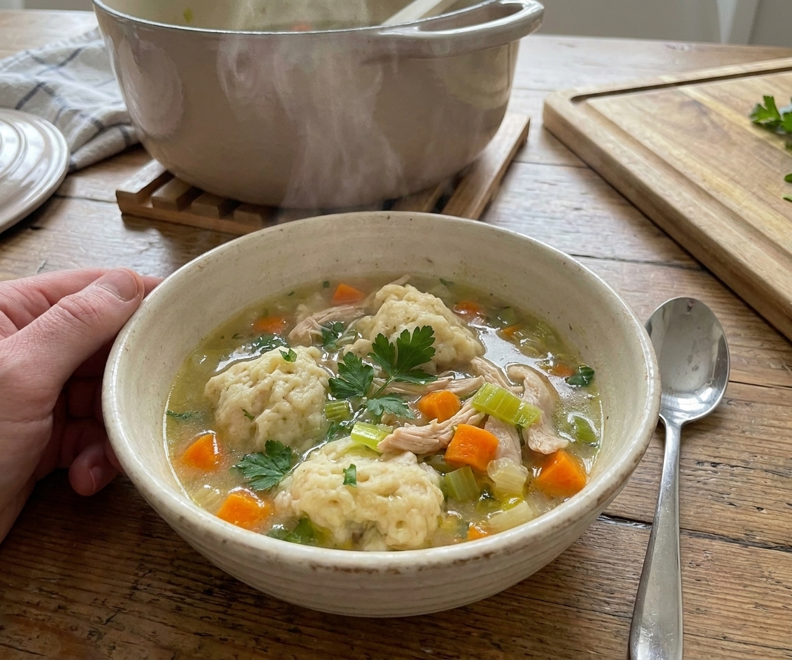 A steaming bowl of chicken dumpling soup with fluffy drop dumplings, shredded chicken, carrots, celery, and fresh parsley on a wooden table with a spoon beside it