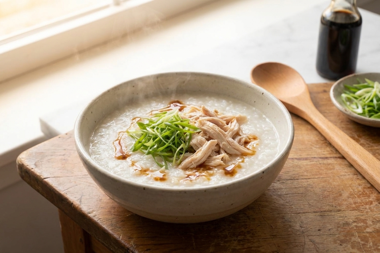 A steaming bowl of chicken jook rice porridge topped with sliced scallions, shredded chicken, and a drizzle of sesame oil on a wooden kitchen table with soft morning light
