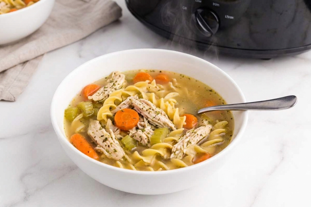 A steaming bowl of chicken noodle soup with carrots, celery, and egg noodles