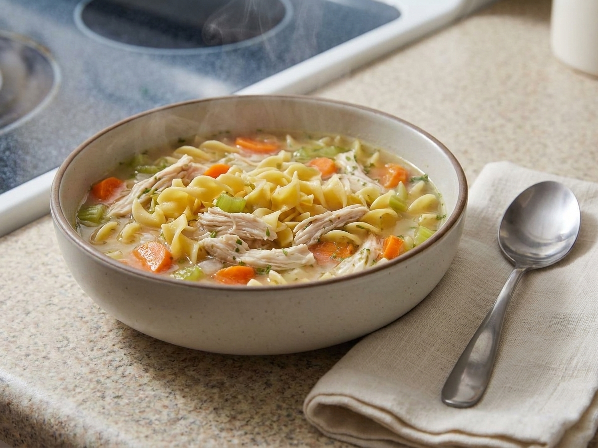 A steaming bowl of chicken noodle soup with carrots and celery on a table set with a spoon and simple cloth napkin