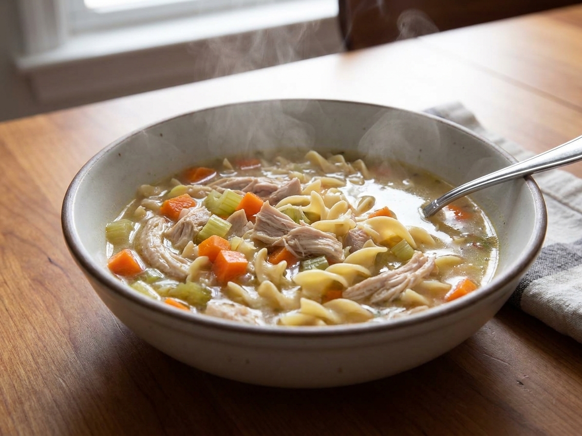 A steaming bowl of chicken noodle soup with shredded chicken, carrots, celery, and egg noodles on a simple dinner table setting