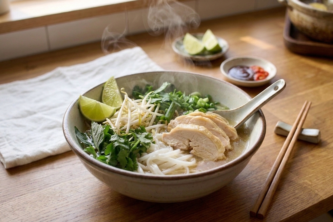 A steaming bowl of chicken pho with rice noodles, sliced chicken, scallions, cilantro, and lime wedges on a light wood table setting