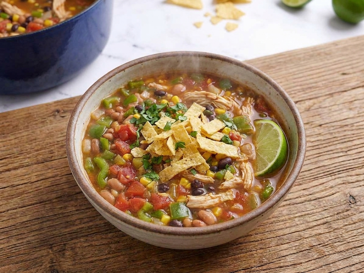 A steaming bowl of chicken taco soup with shredded chicken, black beans, corn, tortilla strips, cilantro, and a lime wedge on a rustic wooden table