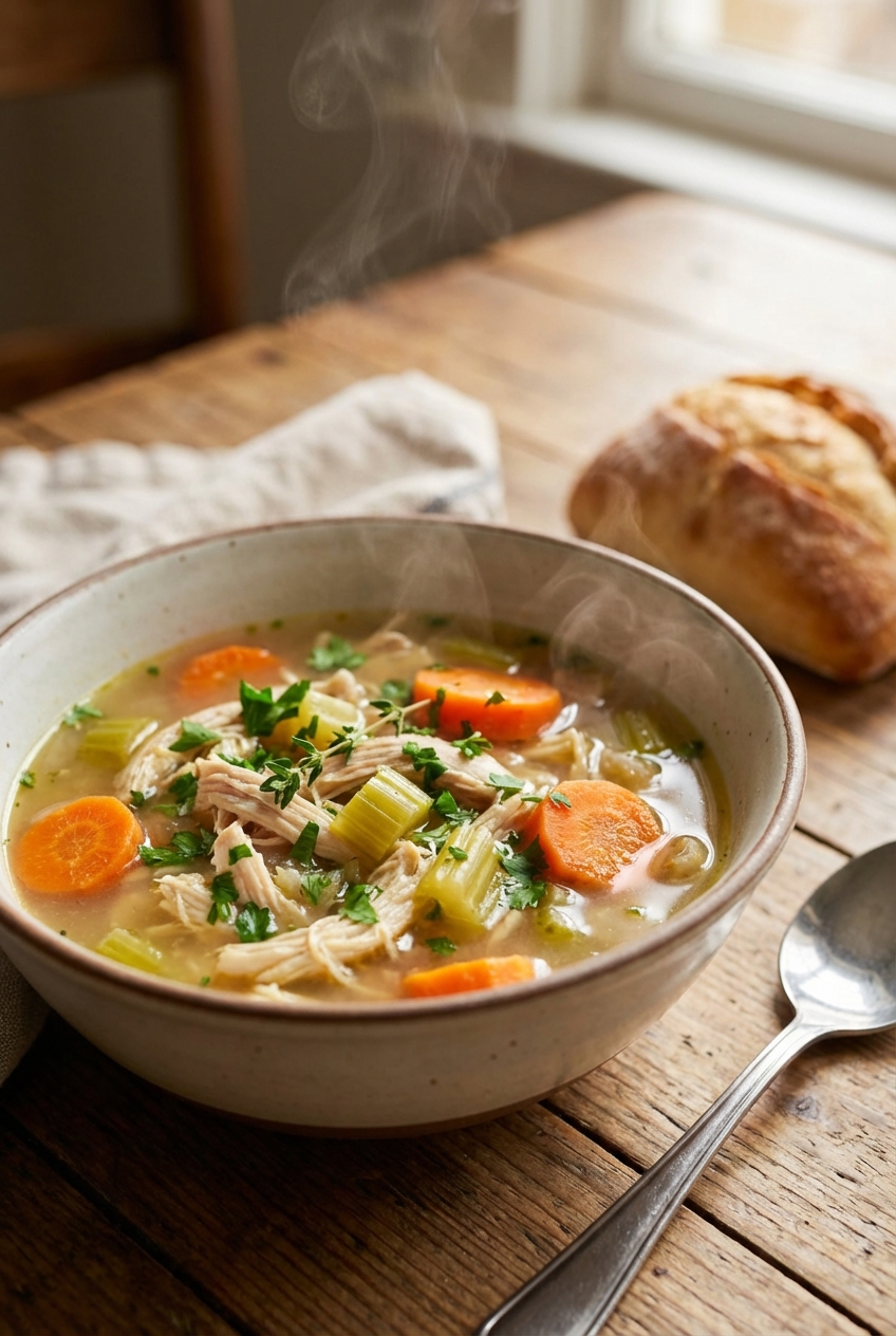 A steaming bowl of chicken vegetable soup with carrots, celery, shredded chicken, and herbs on a wooden table with a spoon beside it