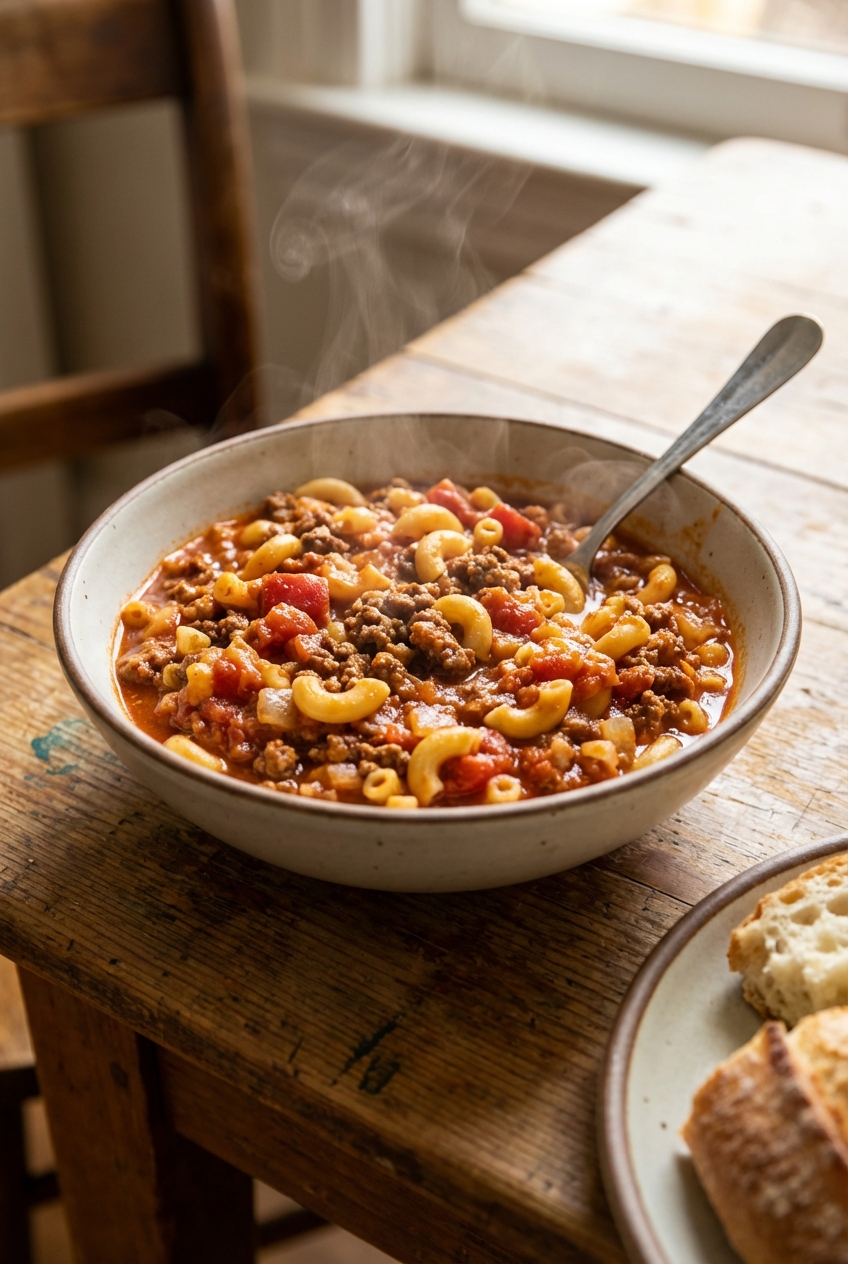 A steaming bowl of classic American goulash with elbow macaroni, ground beef, and a rich tomato sauce on a wooden table