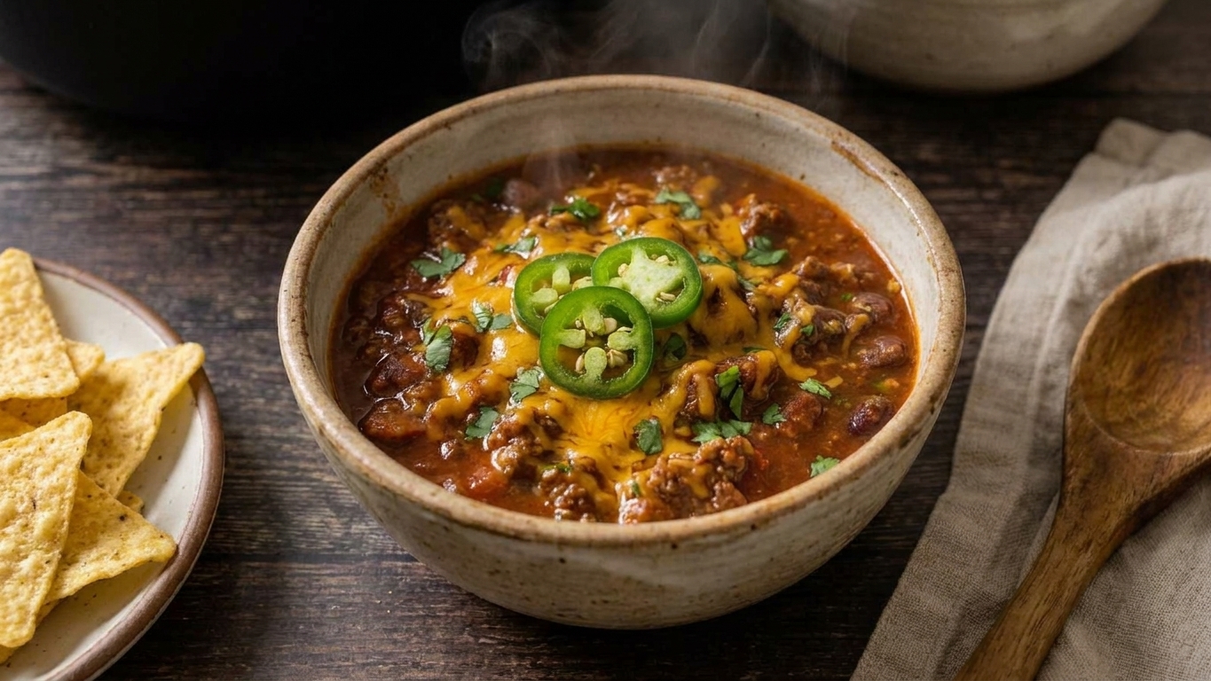 A steaming bowl of classic beef and bean chili topped with shredded cheddar, sliced jalapeños, and chopped cilantro on a wooden table with tortilla chips nearby