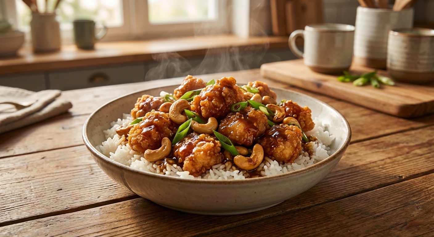 A steaming bowl of classic cashew chicken with crispy golden chicken pieces, roasted cashews, and glossy garlic-ginger brown sauce, served over white rice with sliced green onions on a wooden table in warm kitchen light, photorealistic food photography