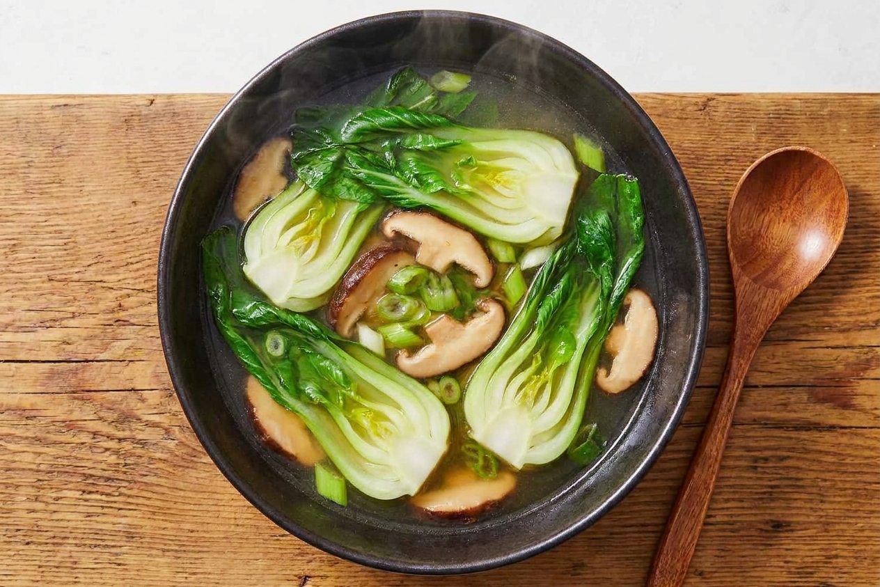 A steaming bowl of clear soup with mushrooms, baby bok choy, and scallions in a light golden broth on a wooden table with a spoon beside it