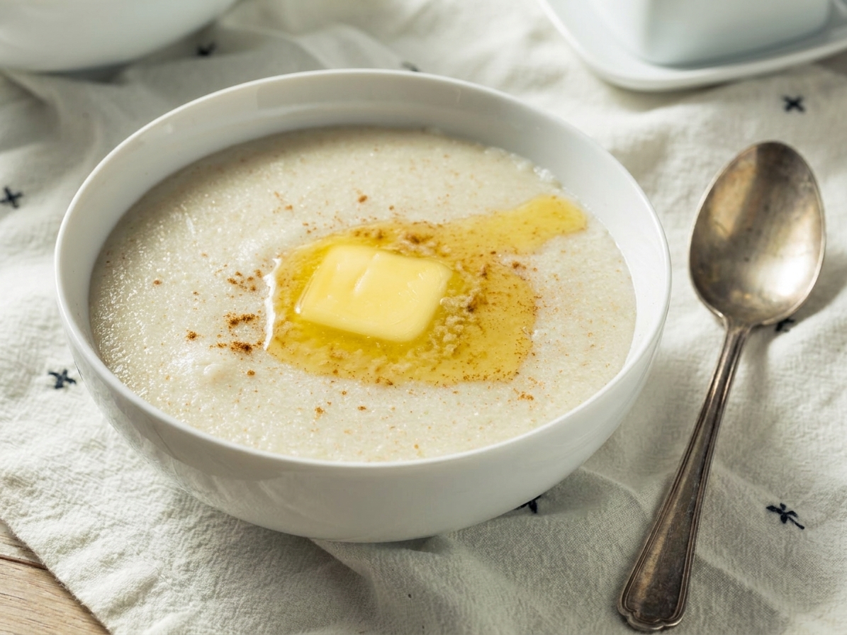 A steaming bowl of creamy Cream of Wheat topped with a pat of melting butter and a sprinkle of cinnamon on a light stoneware table setting