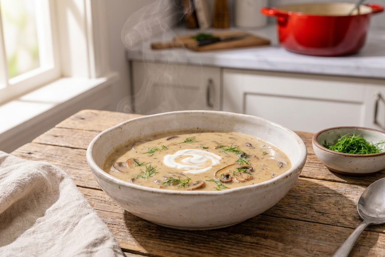 A steaming bowl of creamy Hungarian mushroom soup garnished with fresh dill and a swirl of sour cream on a rustic wooden table, soft natural kitchen light