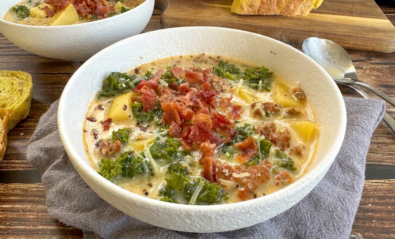 A steaming bowl of creamy Sopa Toscana with Italian sausage, tender potato slices, kale, and crisp bacon on top, set on a rustic wooden table with a spoon